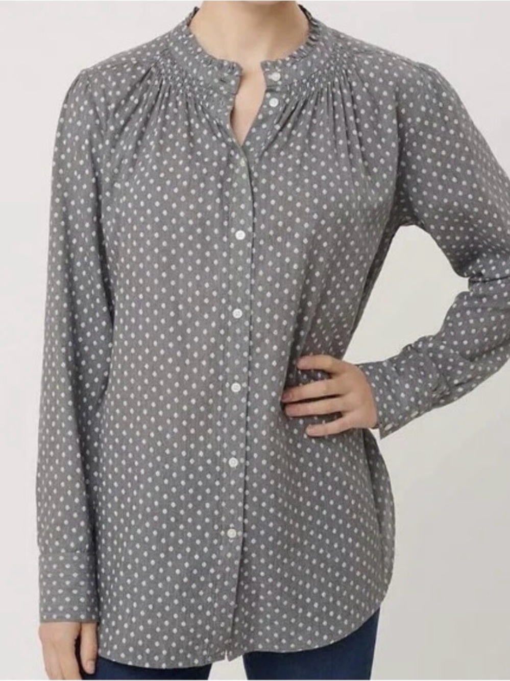 EUC LOFT Gray Polka Dot Button-Down Blouse with Smocked Neck